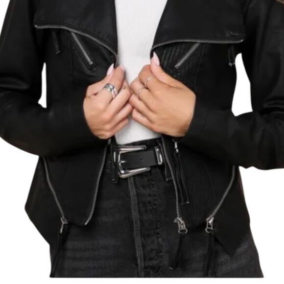 Faux Vegan Leather Jacket Black Moto Biker Goth Punk Rock Size S Lula's - Picture 6 of 15